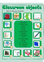 English Worksheet: Classroom objects - matching