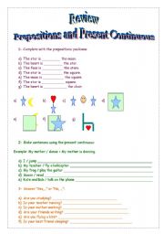 English worksheet: Review - Prepositions and Present Continuous