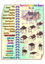 English Worksheet: Parts of a Roof and Roof Shapes - Matching 