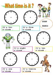 English Worksheet: What time is it ? (draw the hands exercise )