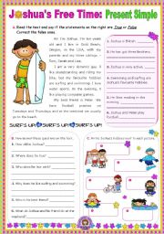 English Worksheet: Joshuas Free Time (Present Simple)  -  Reading Comprehension leading to Writing