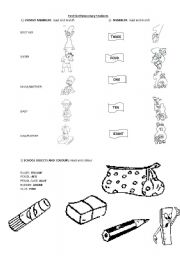 English Worksheet: Test: family, numbers and school objects