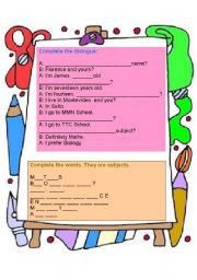 English Worksheet: Complete a dialogue and subjects.