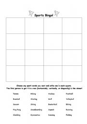 English worksheet: sports bingo