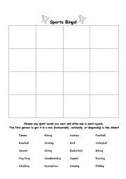 English Worksheet: sports bingo