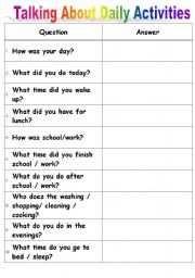 English Worksheet: Talking About Daily Activities