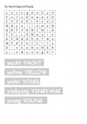 English worksheet: Yy Writing Practice and Wordsearch