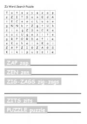 English worksheet: Zz Writing and Wordsearch