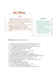English worksheet: All, whole