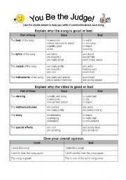 English Worksheet: Judging and Commenting on Music Videos