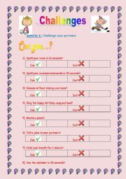 English Worksheet: Challenges: can or cant you?