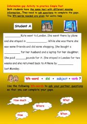 English Worksheet: Information-gap activity to practise Simple Past Questions (in pairs)