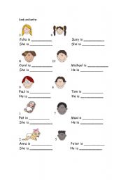 English worksheet: Look and complete. (age/he/she)