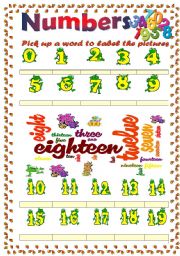 English Worksheet: Numbers vocabulary (word mosaic included) 1st part (1 to 19)