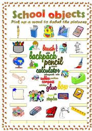 English Worksheet: school objects vocabulary (word mosaic included)