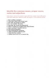 English Worksheet: Identify parts of speech - common, proper nouns, verbs and adjectives