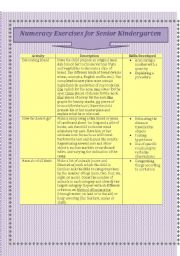 English Worksheet: Numeracy Activities for Senior Kindergarten