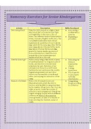 English worksheet: Numeracy Activities for Senior Kindergarten