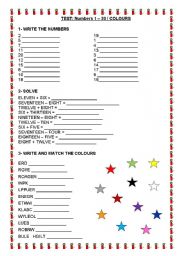 English Worksheet: TEST: NUMBERS 1 - 20 + COLOURS