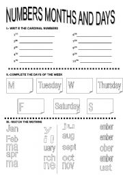 English Worksheet: NUMBERS MONTHS AND DAYS