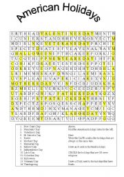 English Worksheet: American Holidays Wordsearch including follow-up