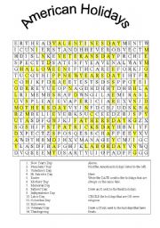 American Holidays Wordsearch including follow-up