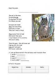 English worksheet: The Owl in the Tree - poem 2 pages