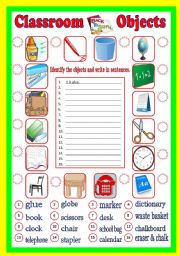 English Worksheet: Classroom Objects (B/W & Keys)