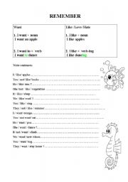 English worksheet: Want +noun or verb / Like + noun or verb