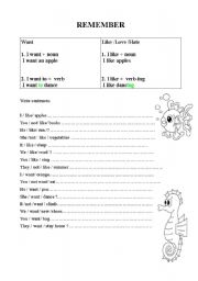 English Worksheet: Want +noun or verb / Like + noun or verb