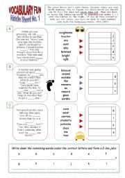 English Worksheet: RIDDLE SHEET NO. 1  TOPIC: JOKES  FUN READING AND WRITING ACTIVITY