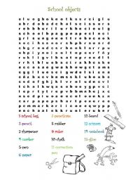 English Worksheet: school objects wordsearch