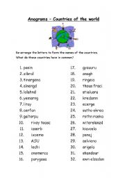 English Worksheet: Countries of the World anagrams