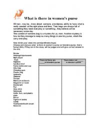 English worksheet: What is there in the womens purse_there is, there are