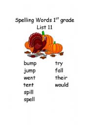English Worksheet: Spelling Words - 1st Grade List 11