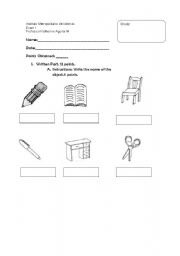 English worksheet: Exam or Quiz about The Classroom and The Family