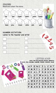 English Worksheet: REVISION of COLOUR, NUMBERS & SCHOOL OBJECTS