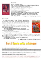 English Worksheet: How to write a dialogue - direct speech and indirect speech - telepathic conversation (Two literary extracts - Eragon and Animorph - to analyse how it works, several exercices, a grammar lesson for the reported speech, homework - includes Key Answers)