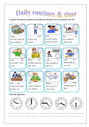 English Worksheet: Daily routines & the time (editable)