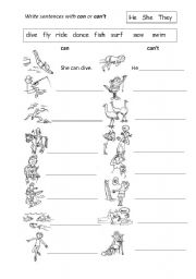 English Worksheet: Make sentences with CAN and CANT