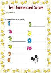English Worksheet: test: numbers and colours -part 1 