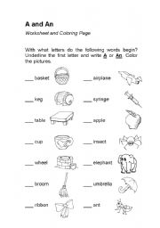 English Worksheet: Articles A and An (worksheet & coloring page) 