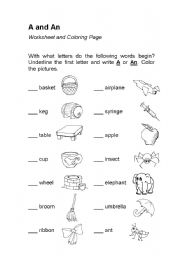 English Worksheet: Articles A and An (worksheet & coloring page) 