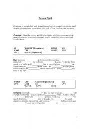 TWO PAGE REVIEW PACK: Present simple and continuous, past simple, comparatives, superlatives, and more!!