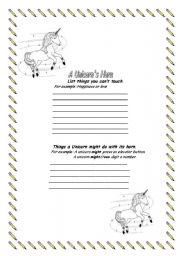 English worksheet: A Unicorns Horn