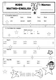 English Worksheet: kids - maths + English - BW version 