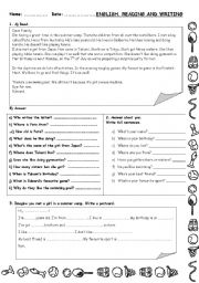 English Worksheet: READING AND WRITING