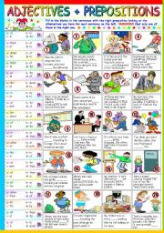 English Worksheet: ADJECTIVES+PREPOSITIONS (B&W VERSION+KEY INCLUDED)