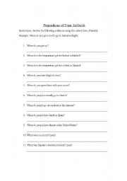 English worksheet: TWO PAGES Worksheet using PRESPOSITIONS OF TIME AT/IN/ON