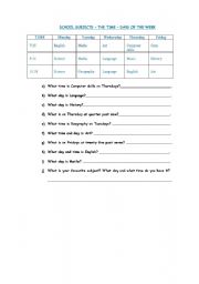 English worksheet: school subjects - the time - days of the week